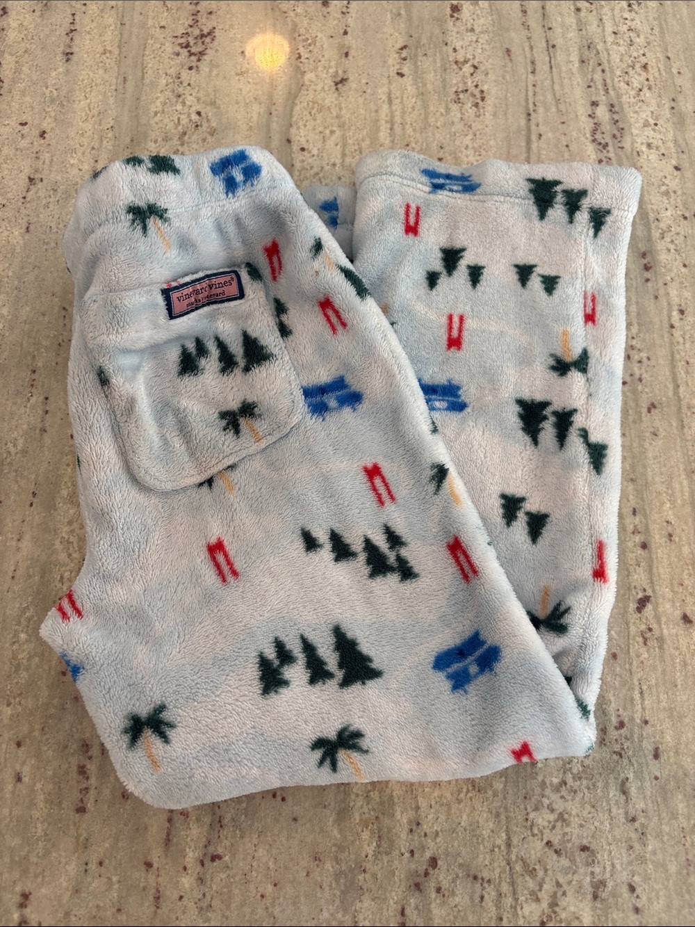 Vineyard Vines Light Blue Kids Fleece Pajama Pants with Tree & Ski Print